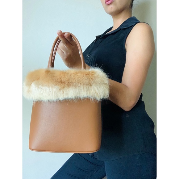 Vegan Leather/ Faux Fur Top Handle Handbag - Cognac Brown - Picture 4 of 6